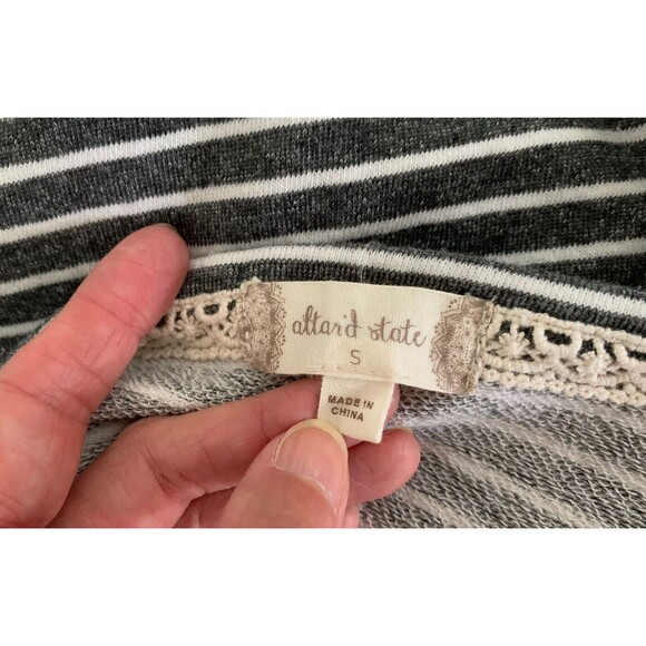 Altar’d State Cropped 3/4 Sleeve Sweatshirt Gray White Stripes embroidered Small - Picture 8 of 9